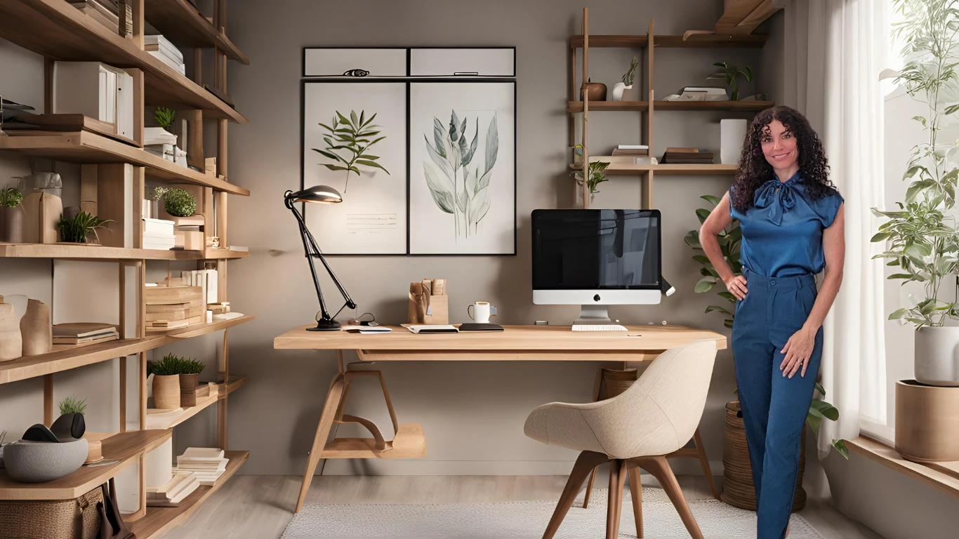 Leah Klein in a blue outfit, standing beside a desk in a bright office with plants and botanical artwork.