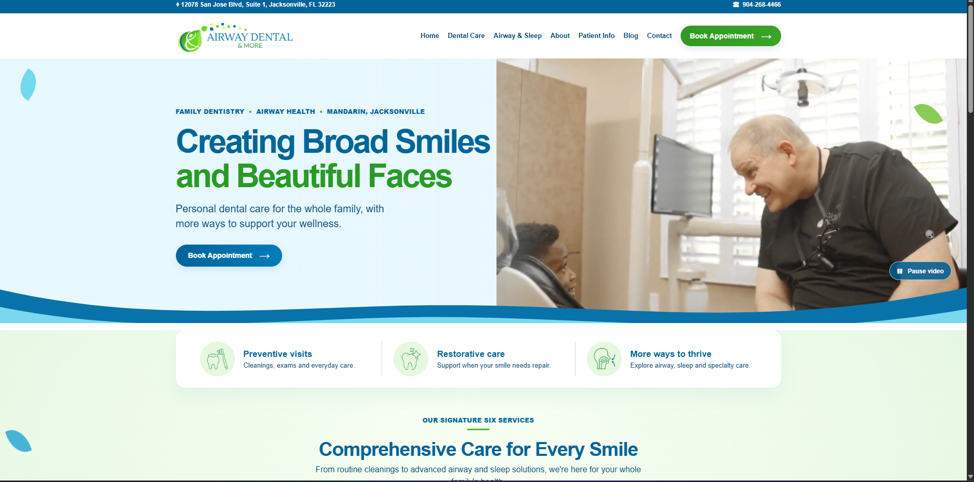 Airway Dental & More homepage showing the practice logo, Creating Broad Smiles and Beautiful Faces headline, and a dentist speaking with a patient.