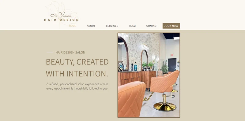 In Vision Hair Design website screenshot with its logo, Beauty, Created with Intention headline, and warm salon interior.